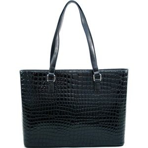 Black Croc-Embossed Tote Bag with Shoulder Straps